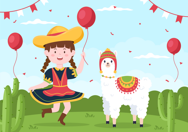 Girl holding balloon and celebrate independence day Illustration