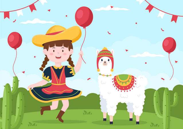 Girl holding balloon and celebrate independence day  Illustration