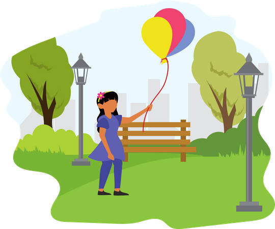 Girl holding balloons at park  Illustration