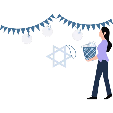 Girl Holding A Basket Of Decorations For A Party Illustration