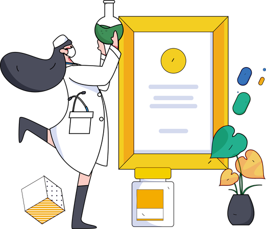 Girl holding beaker and doing medical research  Illustration