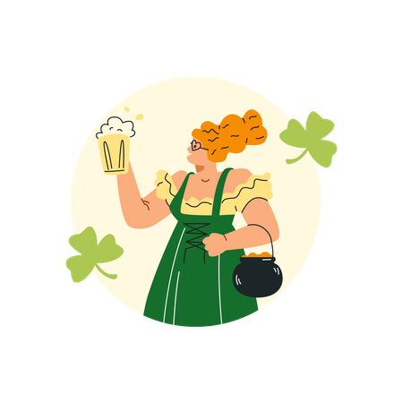 Girl holding beer and pot of gold  Illustration