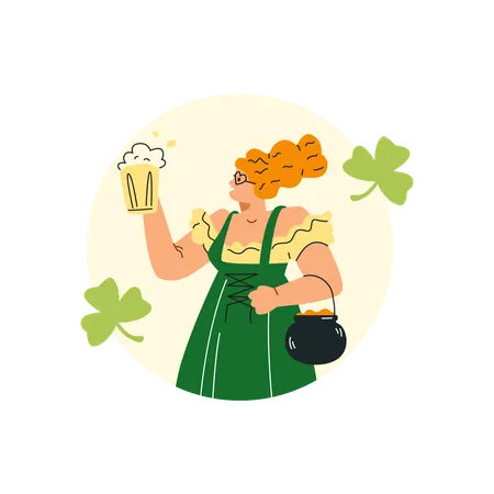 Girl holding beer and pot of gold  Illustration