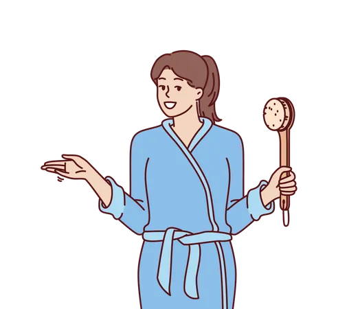 Girl holding body scrubber while going for bath  Illustration