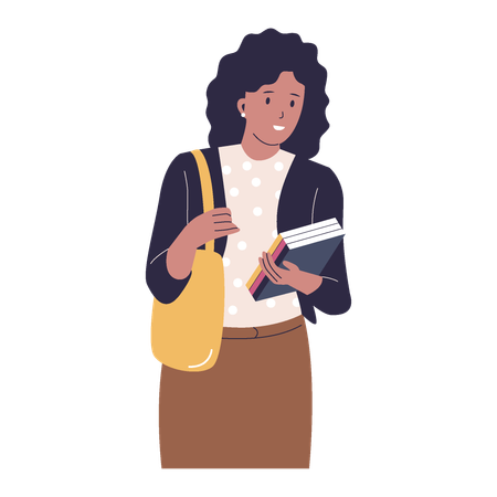 Girl holding book while carrying bag  Illustration