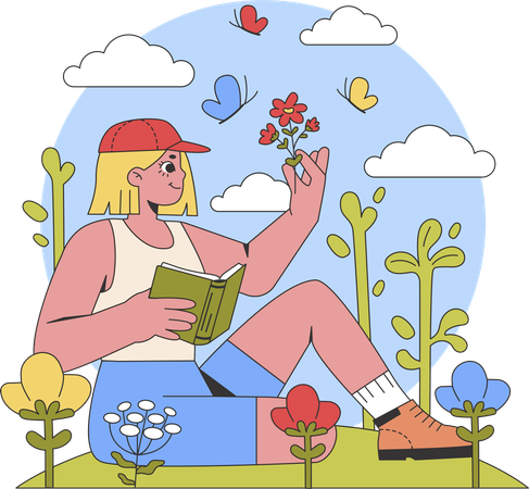 Girl holding book while looking at flower  Illustration