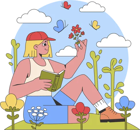 Girl holding book while looking at flower  Illustration