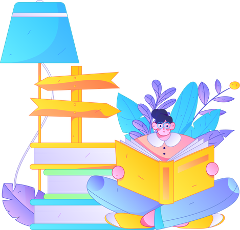 Girl holding book while reading book  Illustration