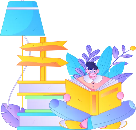 Girl holding book while reading book  Illustration