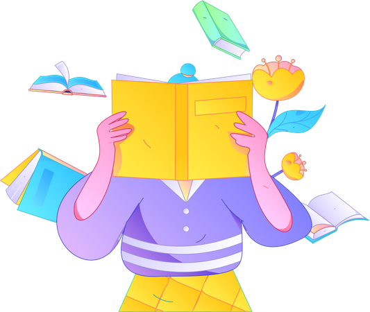 Girl holding book while reading book  Illustration