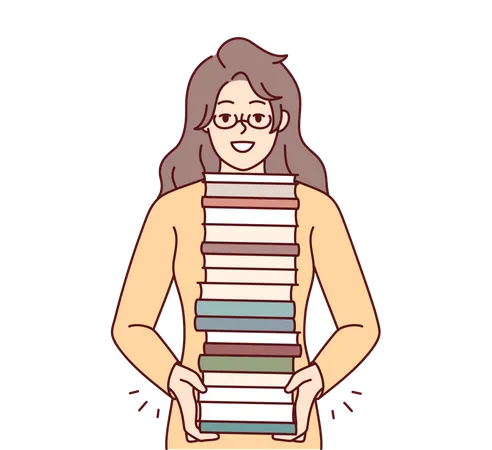 Girl holding books stack Illustration