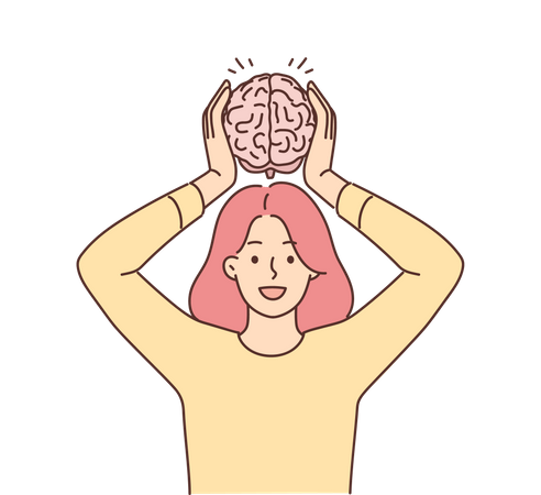 Girl holding brain on her head  Illustration