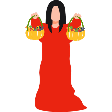 Girl holding buckets of Halloween candy  イラスト