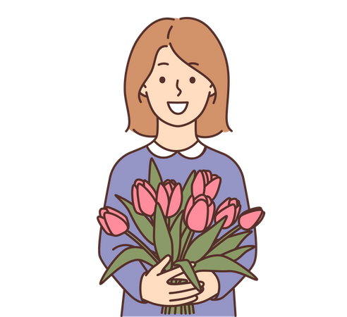 Girl holding bunch of flowers  Illustration