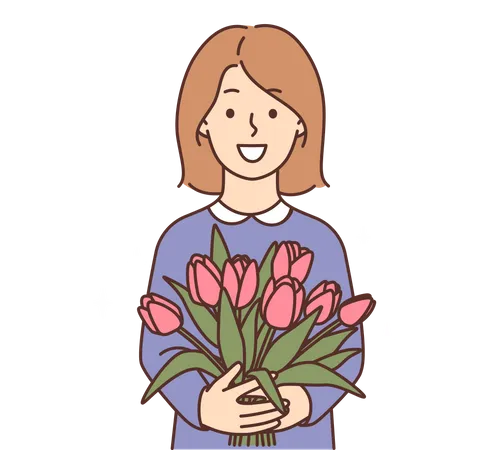 Girl holding bunch of flowers  Illustration