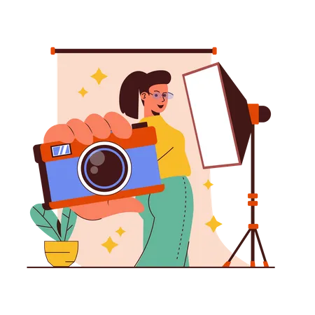 Girl holding camera in photo studio  Illustration