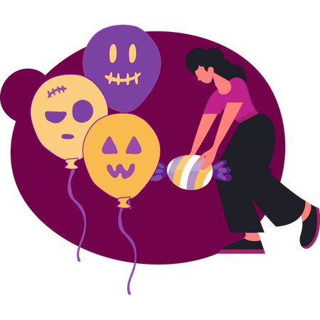 Girl holding candy and showing halloween balloons  Illustration