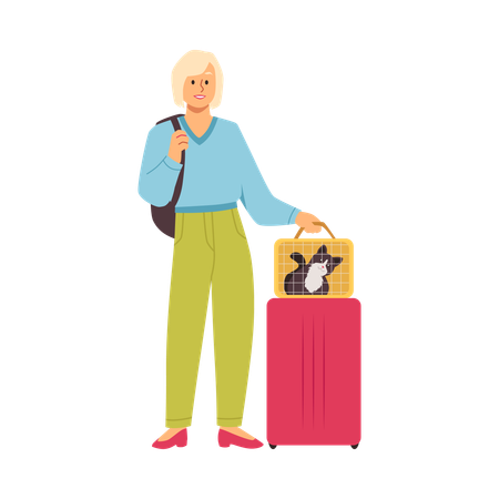 Girl holding carrier bag with cat inside  Illustration