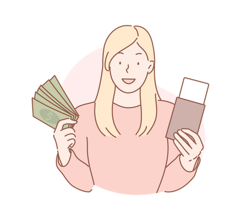 Girl holding cash and passport  Illustration