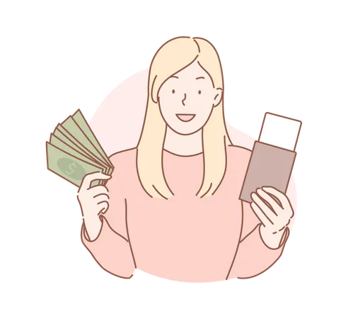 Girl holding cash and passport  Illustration