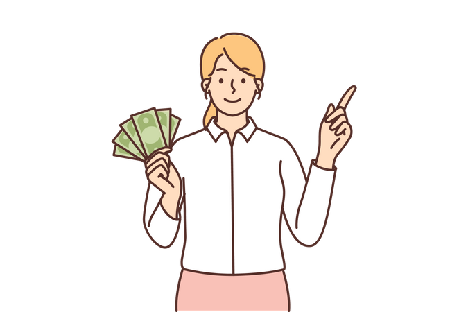 Girl holding cash and pointing right  Illustration