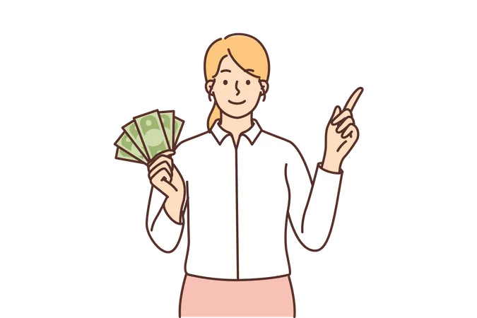 Girl holding cash and pointing right  Illustration