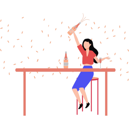 Girl holding champagne bottle  Illustration