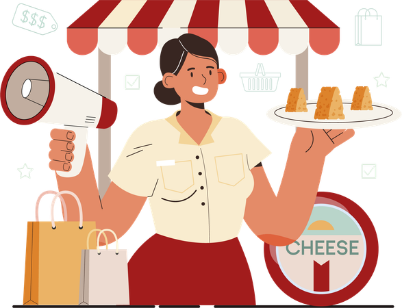 Girl holding cheese piece plate while promoting product  Illustration