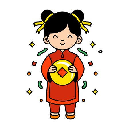 Girl Holding Chinese Coin  Illustration