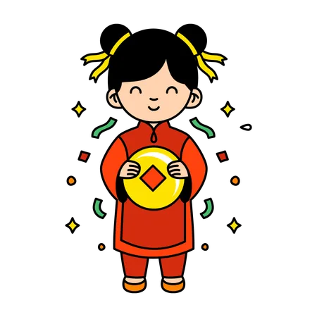 Girl Holding Chinese Coin  Illustration