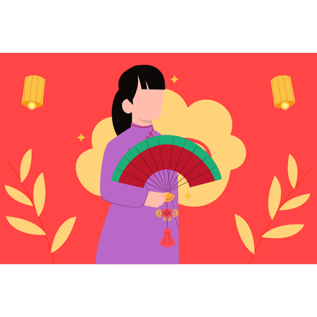 Girl holding Chinese fan  Illustration