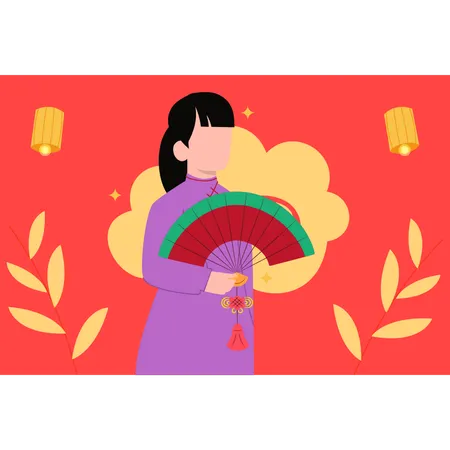 The Girl Is Holding A Chinese Fan Illustration