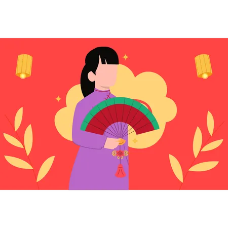 Girl holding Chinese fan  Illustration