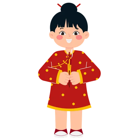 Girl Holding Chinese Incense  Illustration