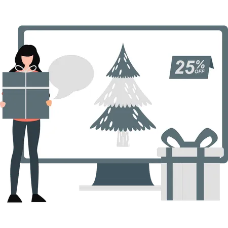 Girl holding christmas gift near monitor  Illustration