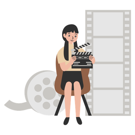 Girl holding clapper board while  showing Cinematic presence  Illustration