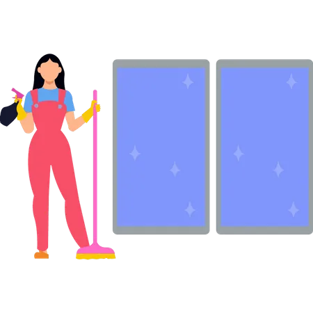 Girl holding cleaning brush and a shower  Illustration