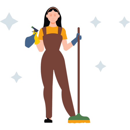 Girl holding cleaning brush and spray  Illustration
