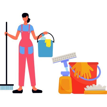 Girl holding cleaning bucket and a brush Illustration
