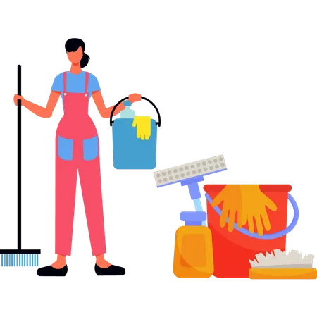 Girl holding cleaning bucket and a brush Illustration