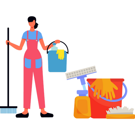 Girl holding cleaning bucket and a brush  Illustration