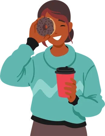 Teenage Girl Radiating Youthful Charm Poses With A Coffee Cup In One Hand And A Delectable Donut In The Other Teen Female Character Exuding Casual Trendy Vibes Cartoon People Vector Illustration Illustration