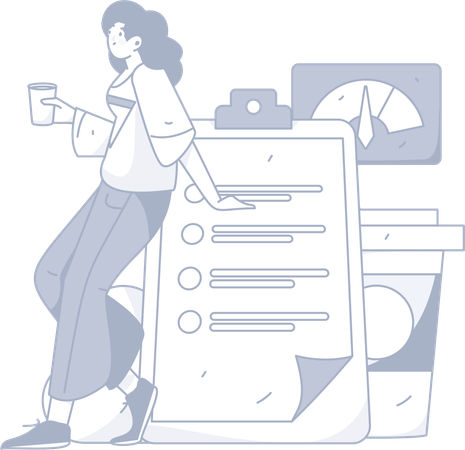 Girl holding coffee while looking performance report  Illustration
