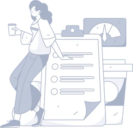 Girl holding coffee while looking performance report  Illustration