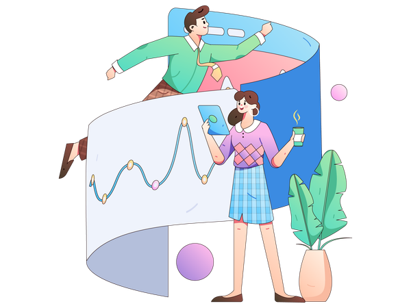 Girl holding coffee while man doing business analysis  Illustration