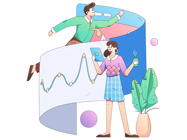 Girl holding coffee while man doing business analysis  Illustration