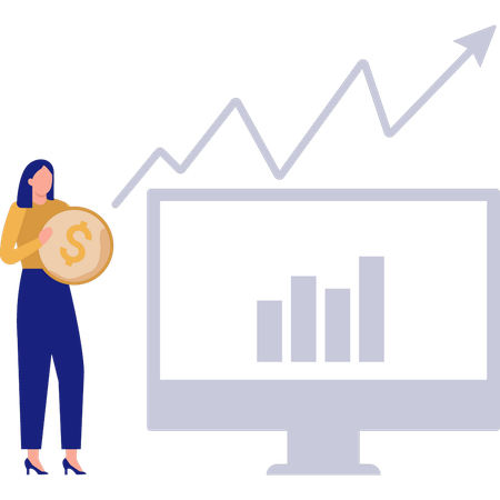 Girl holding coin while doing analysis chart  Illustration
