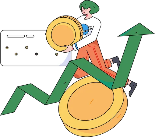 Girl holding coin while getting investment profit  Illustration