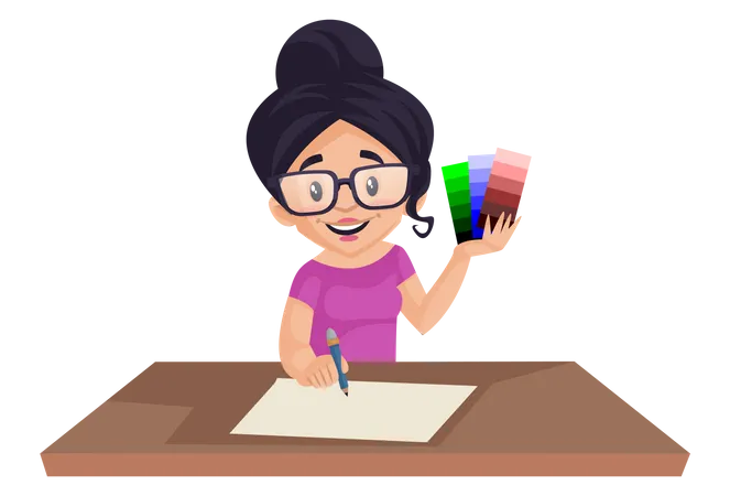 Girl holding color shaded in her hand while drawing Illustration