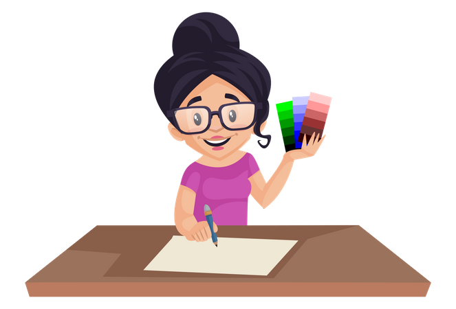 Girl holding color shaded in her hand while drawing  Illustration